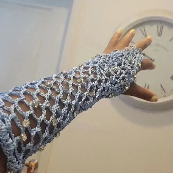 Monica Hansen x Revolve Swimwear Beach Gloves Crochet Mesh Rhinestone Baby Blue - Picture 10 of 12